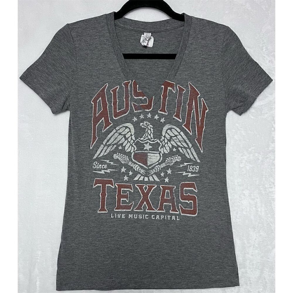 Austin Texas Live Music V-Neck T-Shirt Unisex Gray Size M Casual
